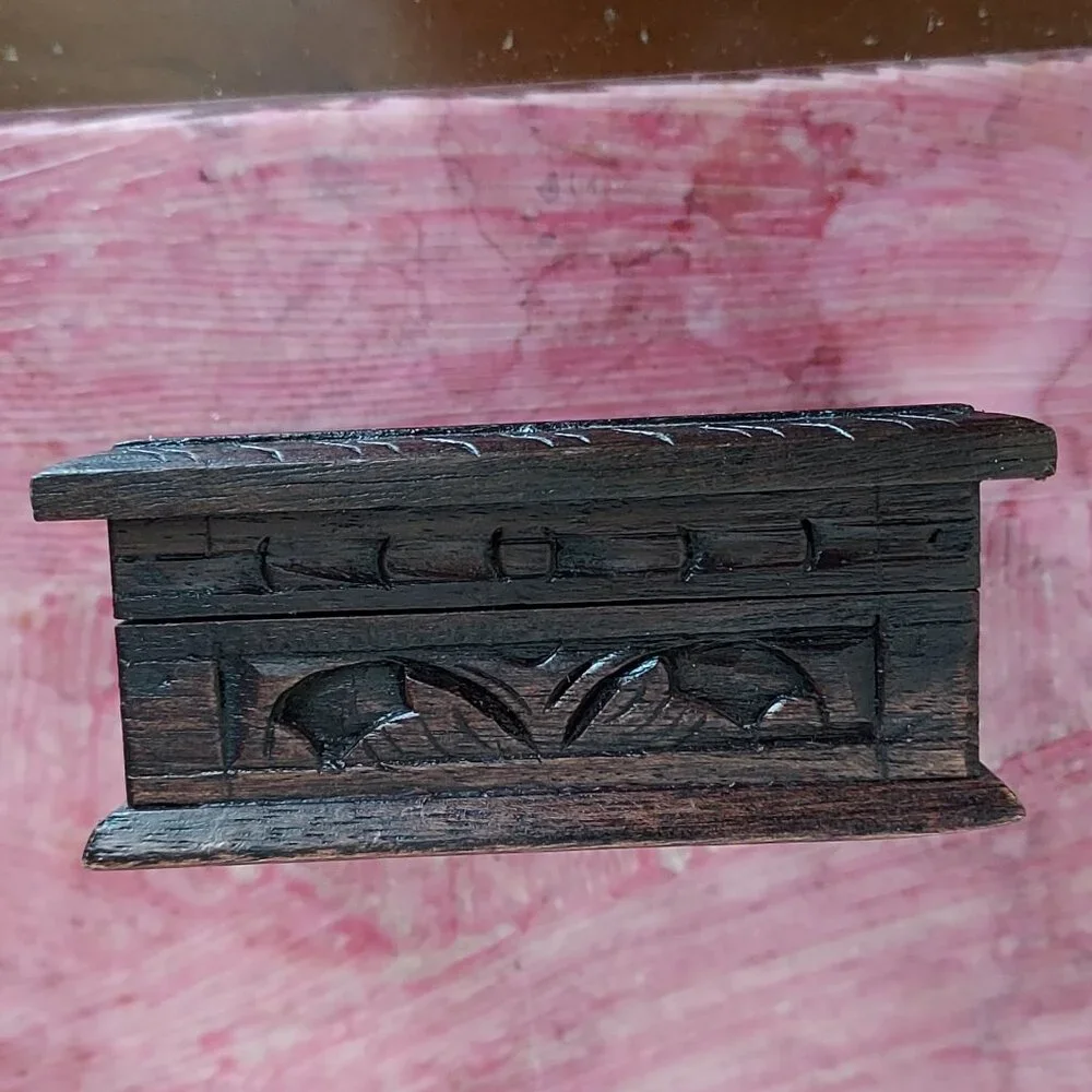 Sarinah Carved Wood Hinged Trinket Box-Peacock Carved into the Lid